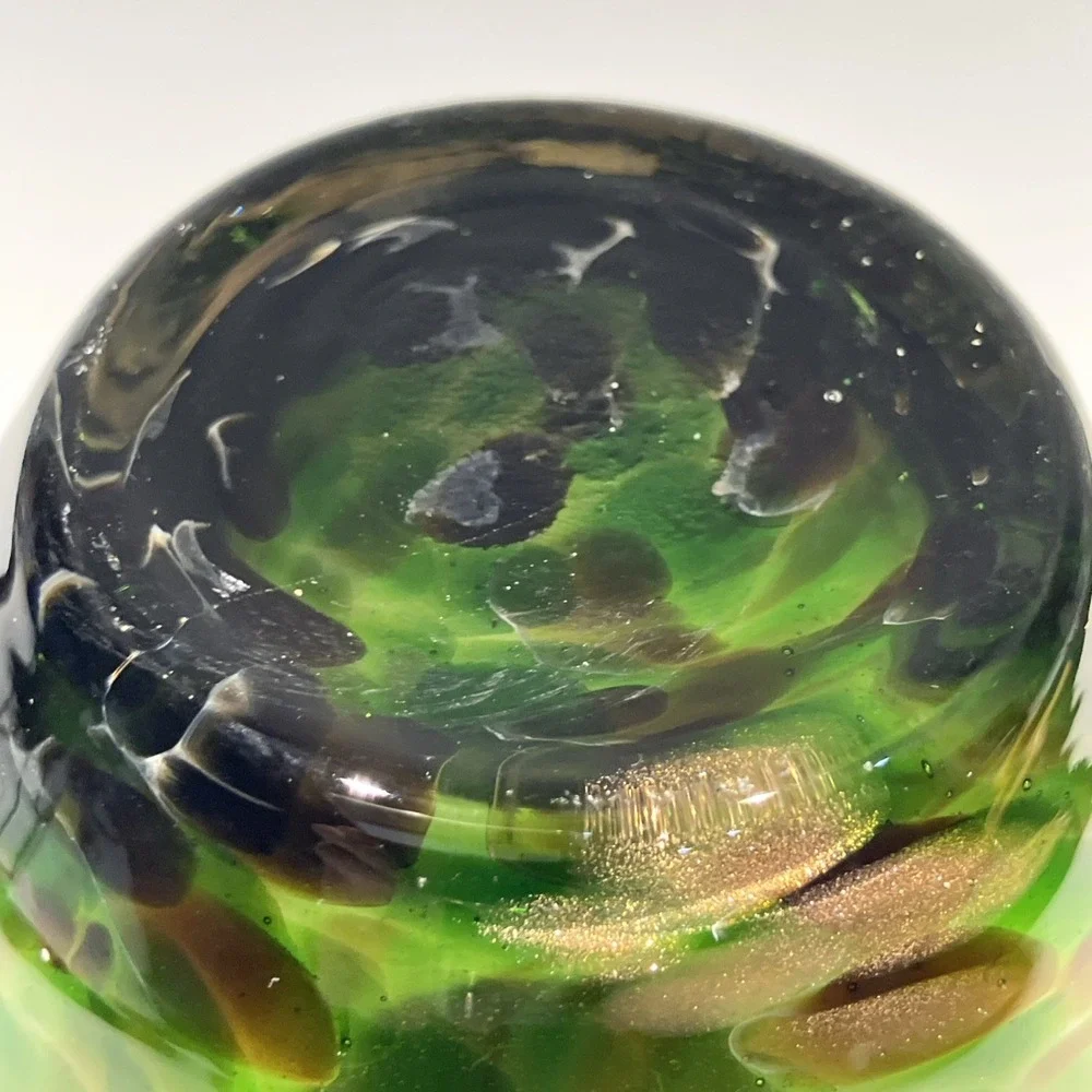 Green Art Glass Vase With Sparkly Bronze Swirls 4.75